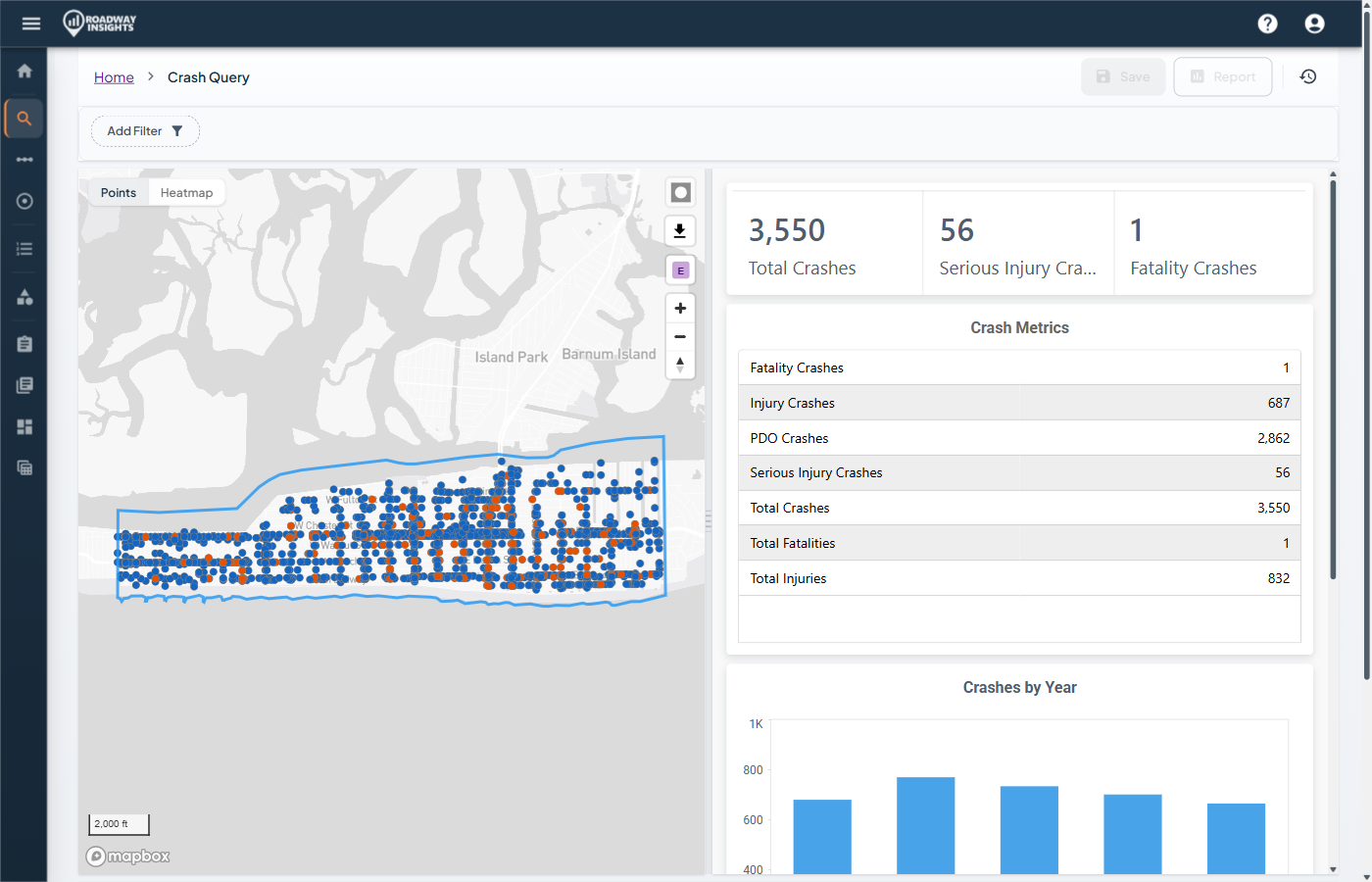 Roadway Insights crash analysis platform showing map with crash points, severity metrics, and trend charts