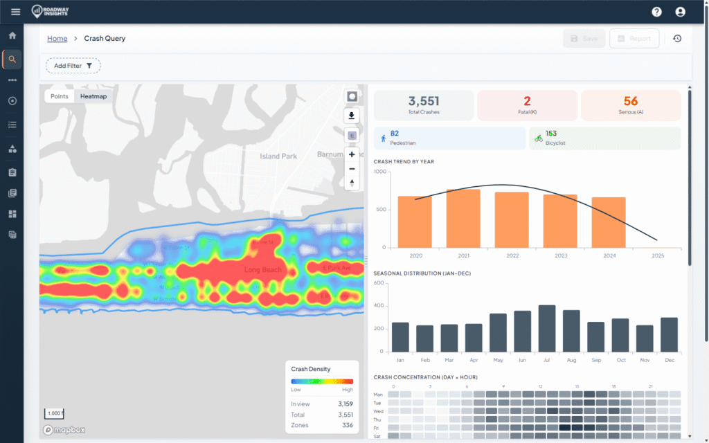 Roadway Insights crash analysis platform showing heatmap visualization of crash density in Long Beach NY with severity metrics and trend charts