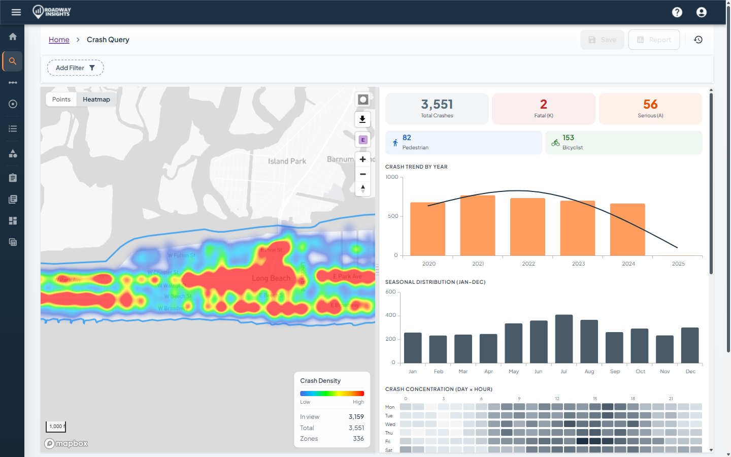 Roadway Insights crash analysis platform showing heatmap visualization of crash density with severity metrics and trend charts