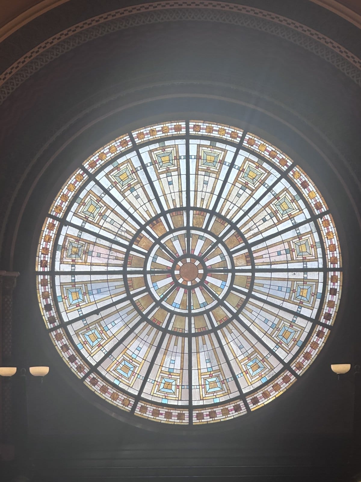 Ornate stained glass dome at Indianapolis Union Station