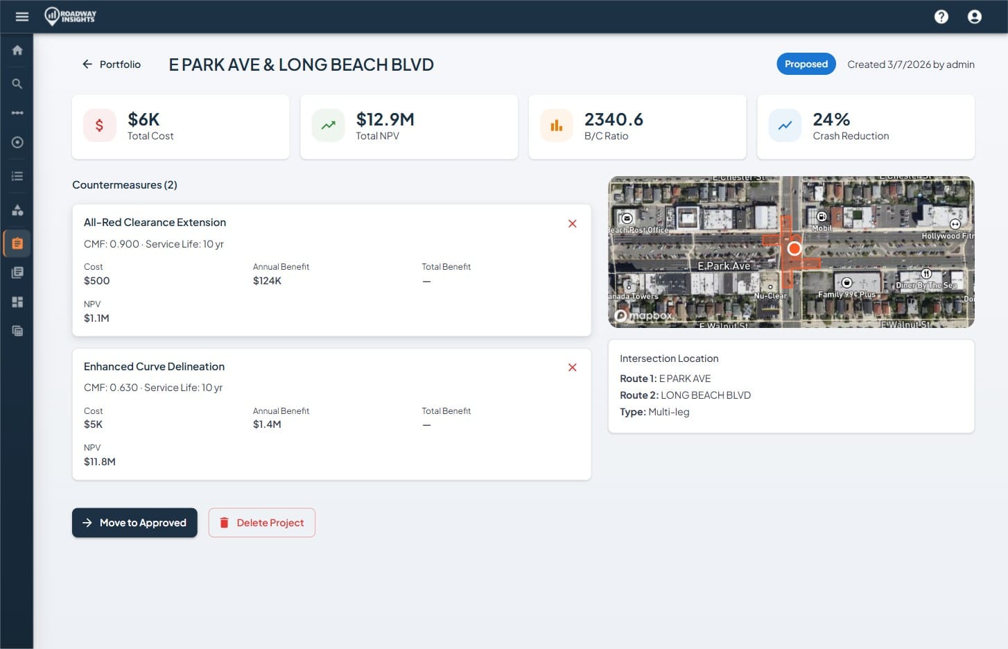 Roadway Insights project portfolio showing intersection safety analysis with countermeasures, benefit-cost ratios, and crash reduction estimates